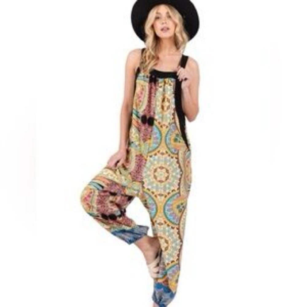 Women’s Blue Multi Abstract Bohemian Jumpsuit NWOT